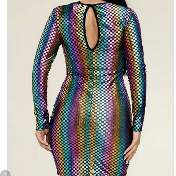 Long Sleeve Multi Foil Color Party Glam Midi Dress - Picture 3 of 5